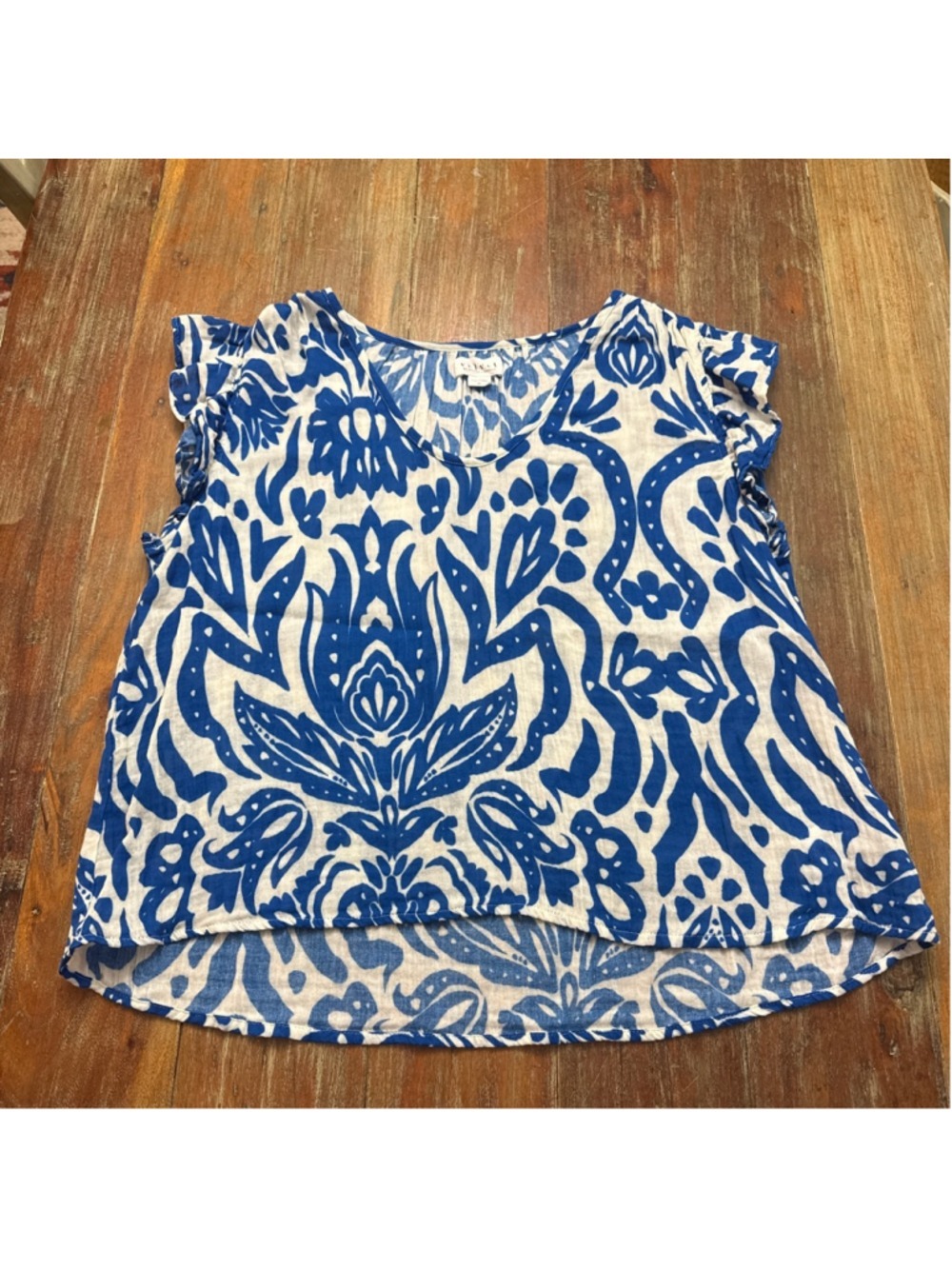 Velvet by Graham & Spencer Cotton Ikat Top XL Flutter Sleeve Blue White Blouse